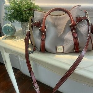 Dooney & Bourke Pebble-Grain Leather Satchel in Light Gray with Brown Trim